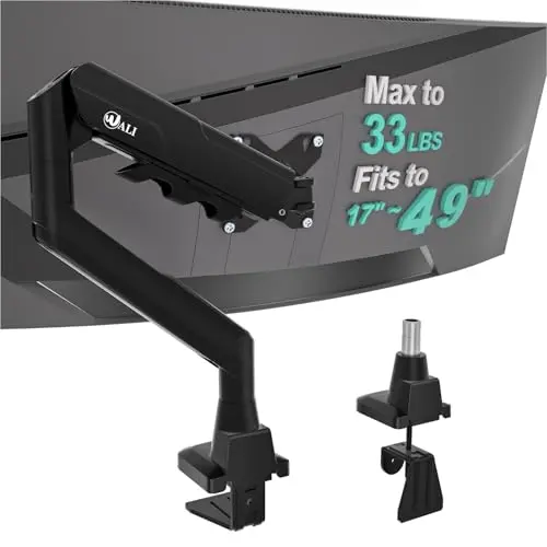 WALI black gas spring monitor arm holding a curved screen