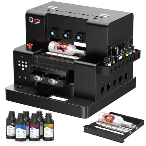 DXZ A4 UV printer with bottles of ink on a workbench