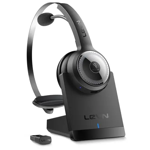 LEVN wireless headset sitting on its included wireless charging base