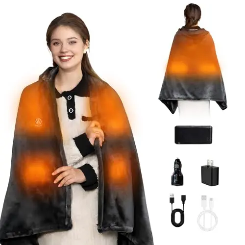 MIMYTH cordless heated blanket with hood, showing a person wearing it comfortably outdoors.