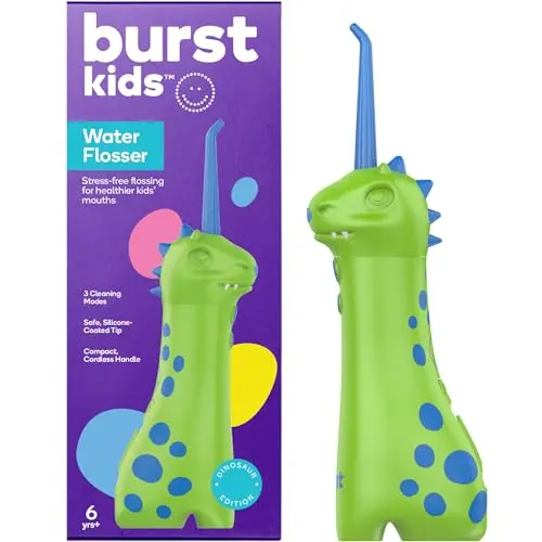 BURST Kids Water Flosser in a fun dinosaur design, held in a child's hand.