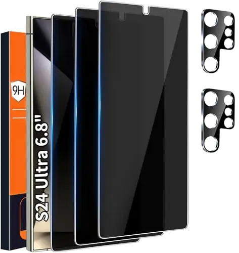 Arshek 5-pack bundle with three privacy screen protectors and two camera lens protectors for S24 Ultra.