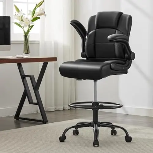 KWKSV black leather tall office chair with a square backrest and flip-up armrests