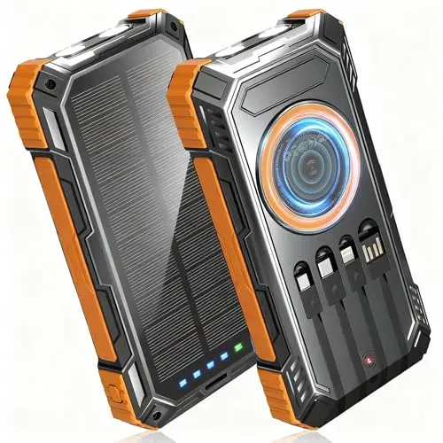 Orange BLASOUL solar power bank with a storage bag.