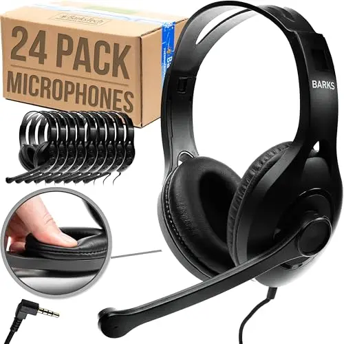 Barks 24 pack of classroom headphones with a rotating boom microphone