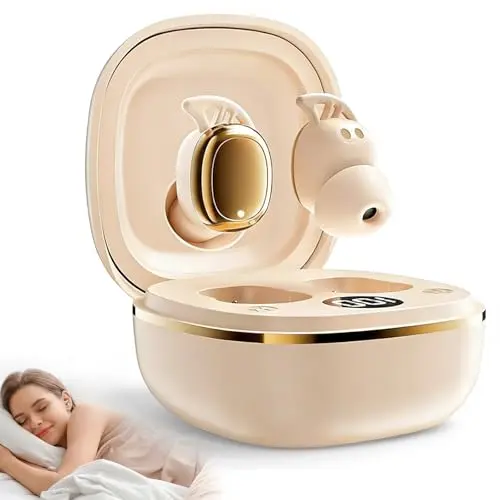 DYETUNY beige sleep earbuds with soft silicone caps and LED case