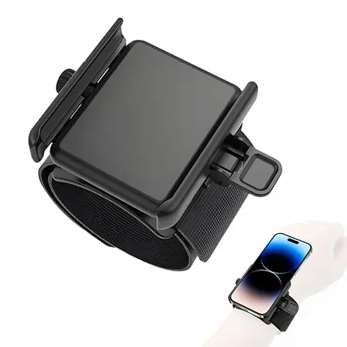 AXIONA ELEMENTS wristband phone holder strapped to a wrist, with the phone mounted and rotated to a horizontal viewing angle.
