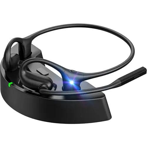JabNecter open-ear headphones sitting on a charging dock
