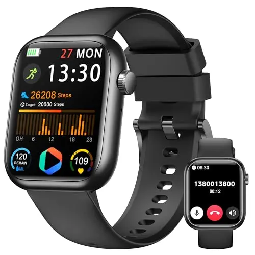 QVEQ rectangular smartwatch with a black silicone strap on a wrist