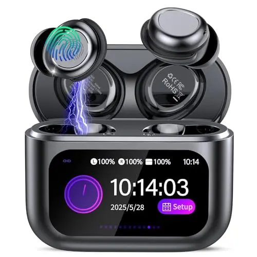 ZYHKON black sleep earbuds and their smart touchscreen charging case on a dark surface.