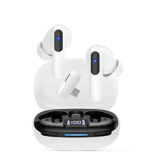RYR Neo100 wireless gaming earbuds in white with charging case and USB-C dongle