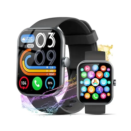 Fempoin black rectangular smartwatch with a simple interface showing a message notification.