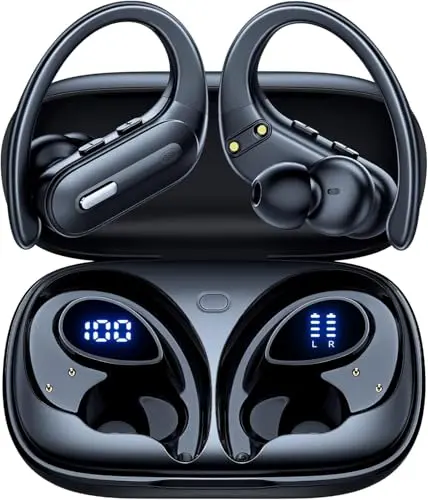 GNMN X19 active noise cancelling wireless earbuds with earhooks in black.