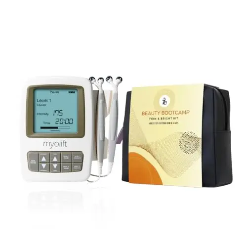 MYOLIFT Mini microcurrent facial device kit with cleanser, serum, gel, and accessories laid out