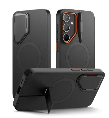 SURITCH black case for Samsung Galaxy S24 Plus with flip-out camera cover and kickstand